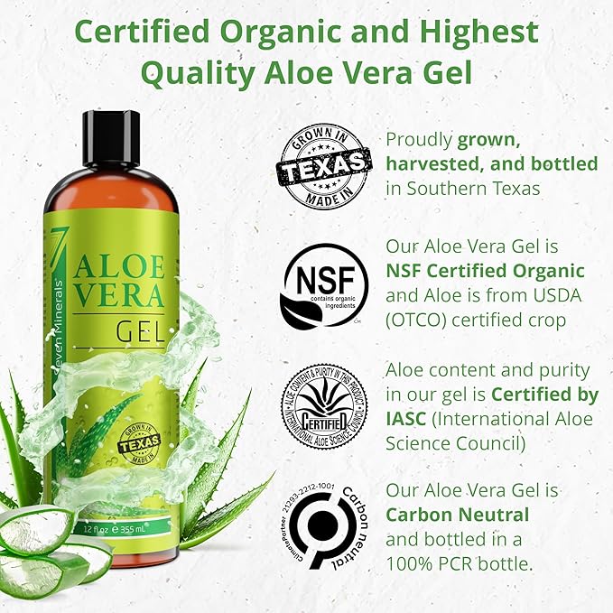 Seven Minerals Organic Aloe Vera Gel from freshly cut 100% Pure Aloe - Big 12oz - HighestQuality, Texas grown, Vegan, Unscented - For Face, Skin, Hair, Sunburn relief image 2