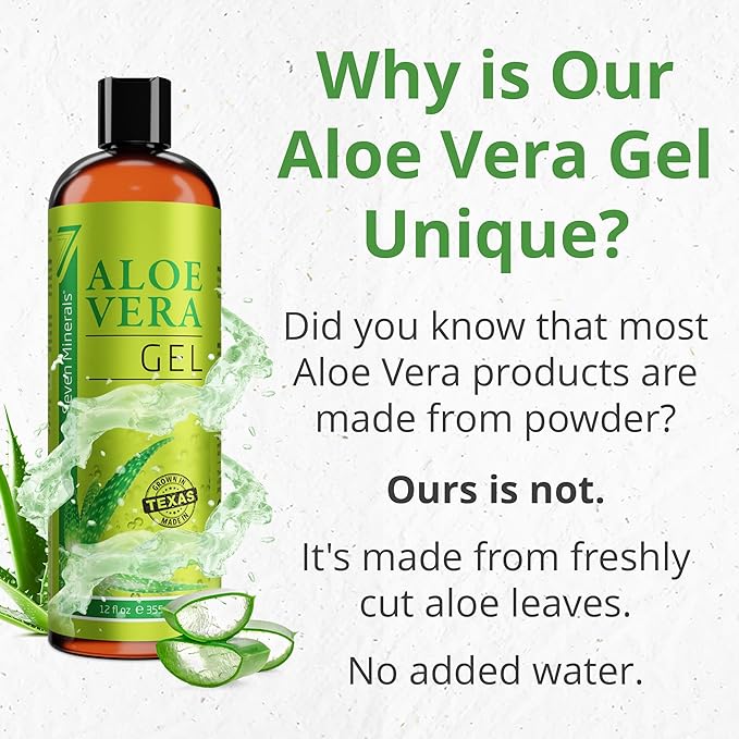 Seven Minerals Organic Aloe Vera Gel from freshly cut 100% Pure Aloe - Big 12oz - HighestQuality, Texas grown, Vegan, Unscented - For Face, Skin, Hair, Sunburn relief image 4
