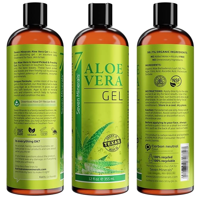 Seven Minerals Organic Aloe Vera Gel from freshly cut 100% Pure Aloe - Big 12oz - HighestQuality, Texas grown, Vegan, Unscented - For Face, Skin, Hair, Sunburn relief image 6