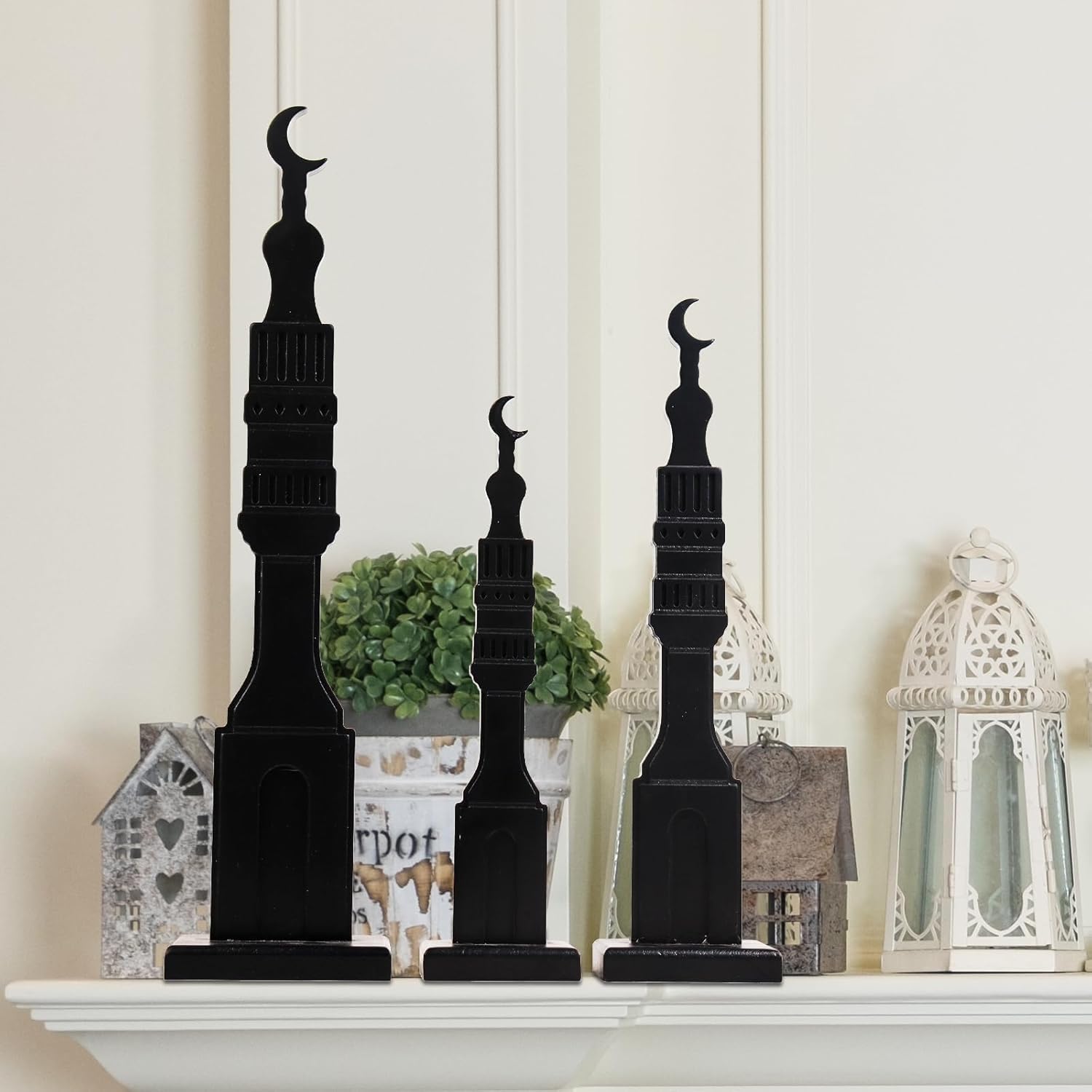 Crazy Night 3 Pcs Black Islamic Minaret Set - Wooden Decor for Ramadan, Eid, Islamic Home Display image 2