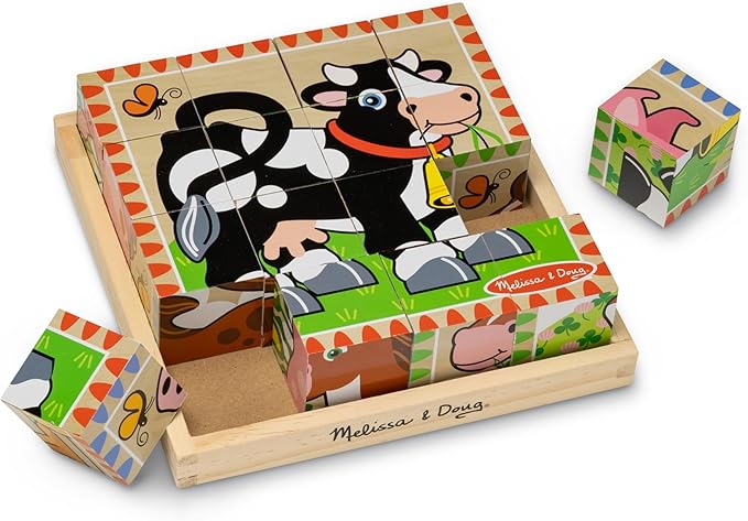 Melissa & Doug Farm Wooden Cube Puzzle With Storage Tray - 6 Puzzles in 1 (16 pcs) - FSC Certified image 1