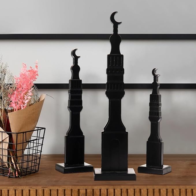 Crazy Night 3 Pcs Black Islamic Minaret Set - Wooden Decor for Ramadan, Eid, Islamic Home Display image 6