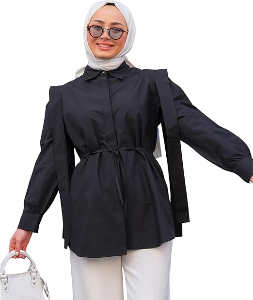 Women's Shirt Long Sleeve Buttoned V Detail Casual Shirt with Waist Ties Shirt Fashion for Ladies image 3