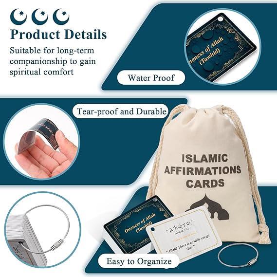 30 Pcs Islamic Affirmations Cards with Drawstring Bag Ramadan Gifts Islamic Eid Decorations Muslim Gifts 3.35×2.13 Inch Arabic Flash Cards for Women 30 Daily Reminders Umrah Dua Prayer Learn Arabic image 3