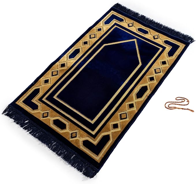 Home Collection Islamic Prayer Mat - Islam Praying Rug for Muslim Women & Men - Soft Turkish Salah Mats Eid & Ramadan Gifts - Pray Bead (Tesbih) Included - Made in Turkiye - Navy Blue image 1