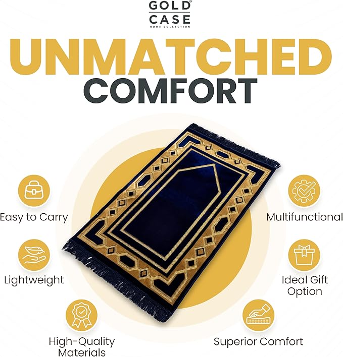 Home Collection Islamic Prayer Mat - Islam Praying Rug for Muslim Women & Men - Soft Turkish Salah Mats Eid & Ramadan Gifts - Pray Bead (Tesbih) Included - Made in Turkiye - Navy Blue image 2