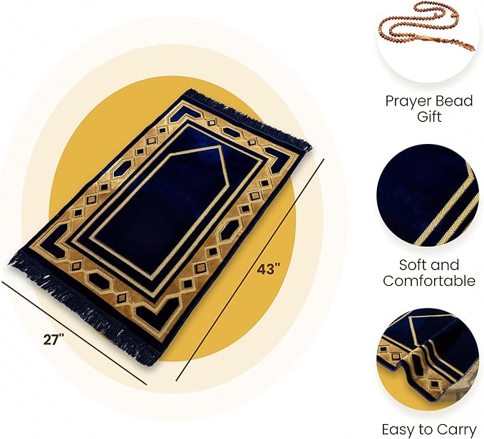 Home Collection Islamic Prayer Mat - Islam Praying Rug for Muslim Women & Men - Soft Turkish Salah Mats Eid & Ramadan Gifts - Pray Bead (Tesbih) Included - Made in Turkiye - Navy Blue image 4