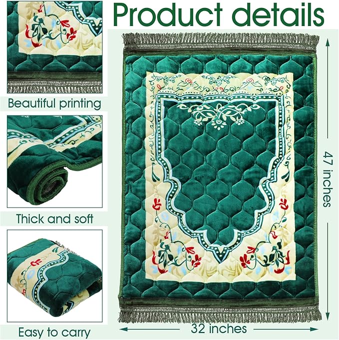 Muslim Prayer Rug Green Thick Soft Prayer Mat Hat Beads Bookmark Set for Eid Travel Ramadan Muslim Prayer Mat for Knees and Forehead Islamic Gift for Umrah, Hajj, Wedding, Janamaz image 3