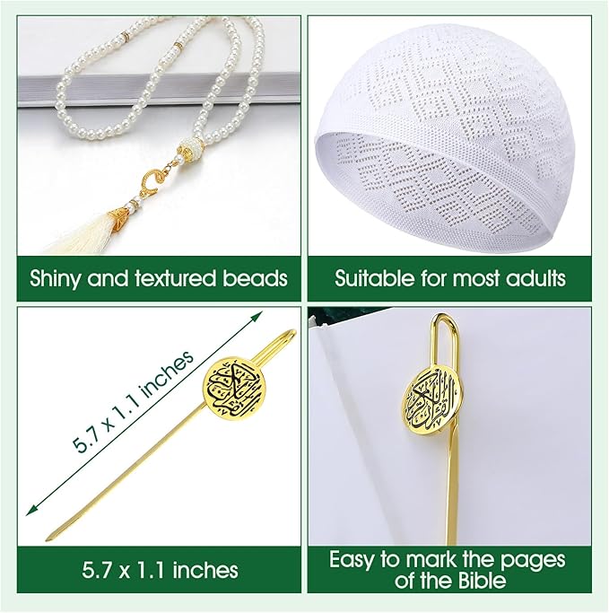 Muslim Prayer Rug Green Thick Soft Prayer Mat Hat Beads Bookmark Set for Eid Travel Ramadan Muslim Prayer Mat for Knees and Forehead Islamic Gift for Umrah, Hajj, Wedding, Janamaz image 4