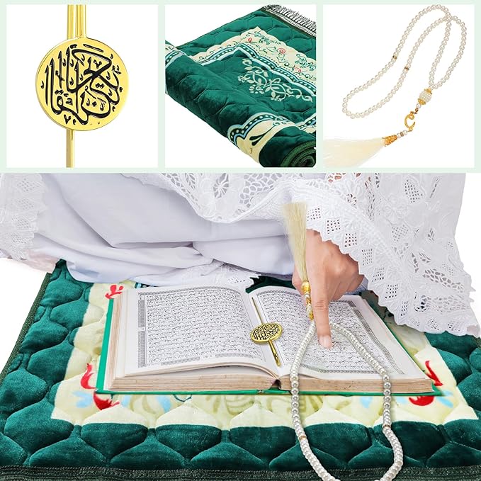 Muslim Prayer Rug Green Thick Soft Prayer Mat Hat Beads Bookmark Set for Eid Travel Ramadan Muslim Prayer Mat for Knees and Forehead Islamic Gift for Umrah, Hajj, Wedding, Janamaz image 6