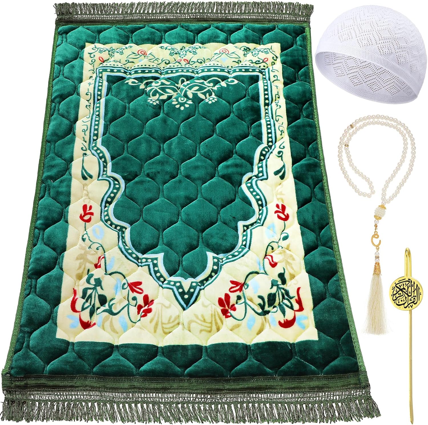 Muslim Prayer Rug Green Thick Soft Prayer Mat Hat Beads Bookmark Set for Eid Travel Ramadan Muslim Prayer Mat for Knees and Forehead Islamic Gift for Umrah, Hajj, Wedding, Janamaz image 8