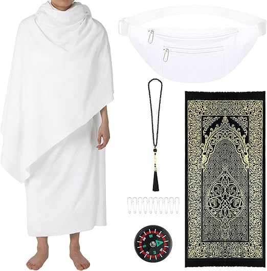 15 Pcs Ahram Ihram for umrah men Clothing Hajj essentials Include 43 x 83 inch Islamic Clothing Towel Muslim Prayer Rug Mat Ihram Belt Waist Pack Prayer Bead Necklace Compass Pins image 1