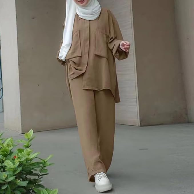 ODIZLI Muslim Long Sleeve Blouse Wide Leg Pants Suits Autumn Solid Abaya Women Matching Sets 2PCS Tracksuits Turkey Kaftan image 2