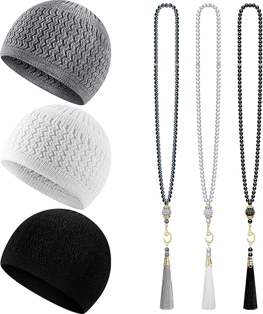 Jiuguva Kufi Hats for Men and Muslim Prayer Beads Set 3 Handicraft Knitted Hat Stretchy Taqiyah Cap and 3 Tasbih 99 Beads image 1