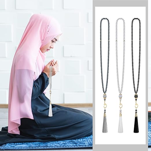 Jiuguva Kufi Hats for Men and Muslim Prayer Beads Set 3 Handicraft Knitted Hat Stretchy Taqiyah Cap and 3 Tasbih 99 Beads image 4