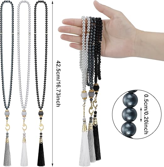 Jiuguva Kufi Hats for Men and Muslim Prayer Beads Set 3 Handicraft Knitted Hat Stretchy Taqiyah Cap and 3 Tasbih 99 Beads image 6