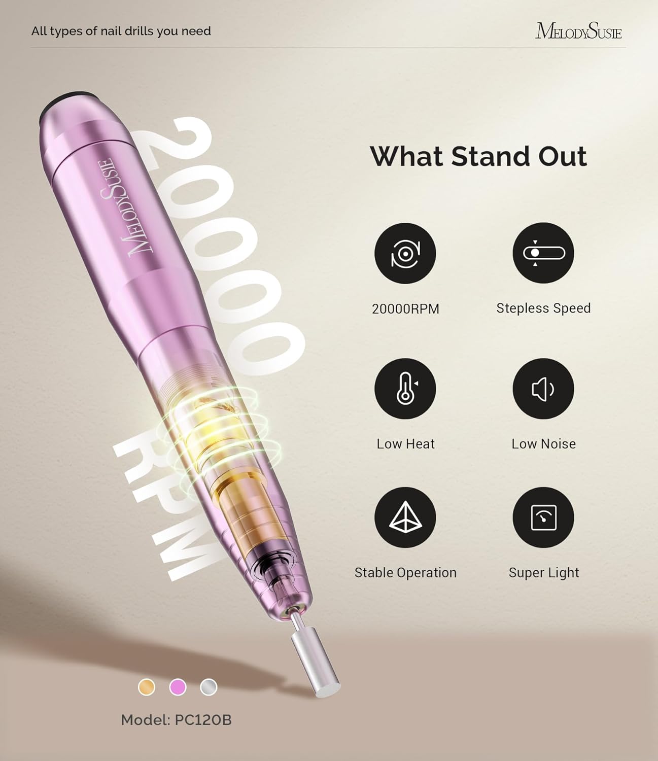 MelodySusie Portable Electric Nail Drill,PC120B Compact Efile Electrical Professional Nail File Kit for Acrylic, Gel Nails, Manicure Pedicure Polishing Shape Tools Design for Home Salon Use, Purple image 4