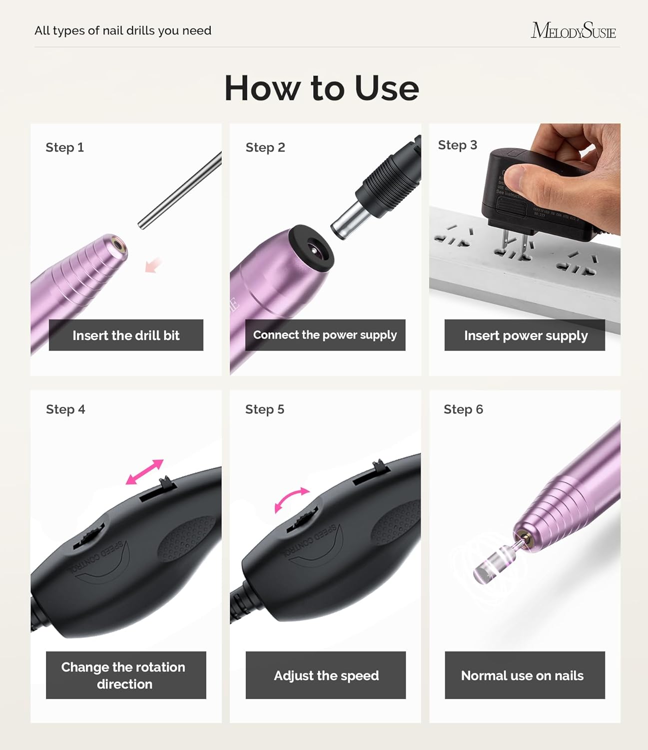 MelodySusie Portable Electric Nail Drill,PC120B Compact Efile Electrical Professional Nail File Kit for Acrylic, Gel Nails, Manicure Pedicure Polishing Shape Tools Design for Home Salon Use, Purple image 5