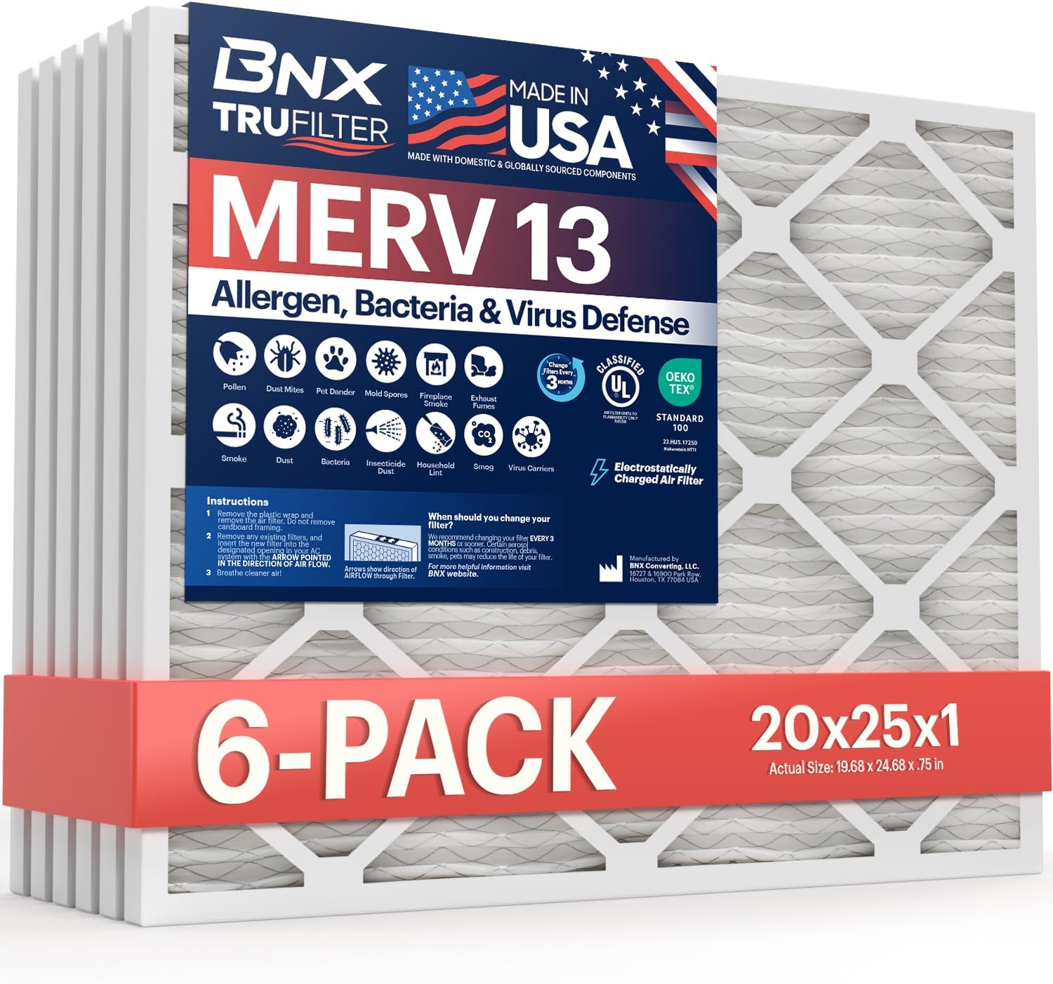 BNX TruFilter 20x25x1 Air Filter MERV 13 (6-Pack) - MADE IN USA - Electrostatic Pleated Air Conditioner HVAC AC Furnace Filters for Allergies, Pollen, Mold, Bacteria, Smoke, Allergen, MPR 1900 FPR 10 image 1