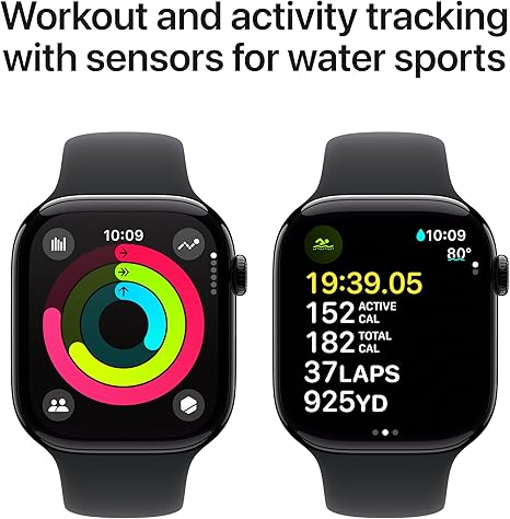 Apple Watch Series 10 [GPS 46mm case] Smartwatch with Jet Black Aluminium Case with Black Sport Band - M/L. Fitness Tracker, ECG App, Always-On Retina Display, Water Resistant image 5