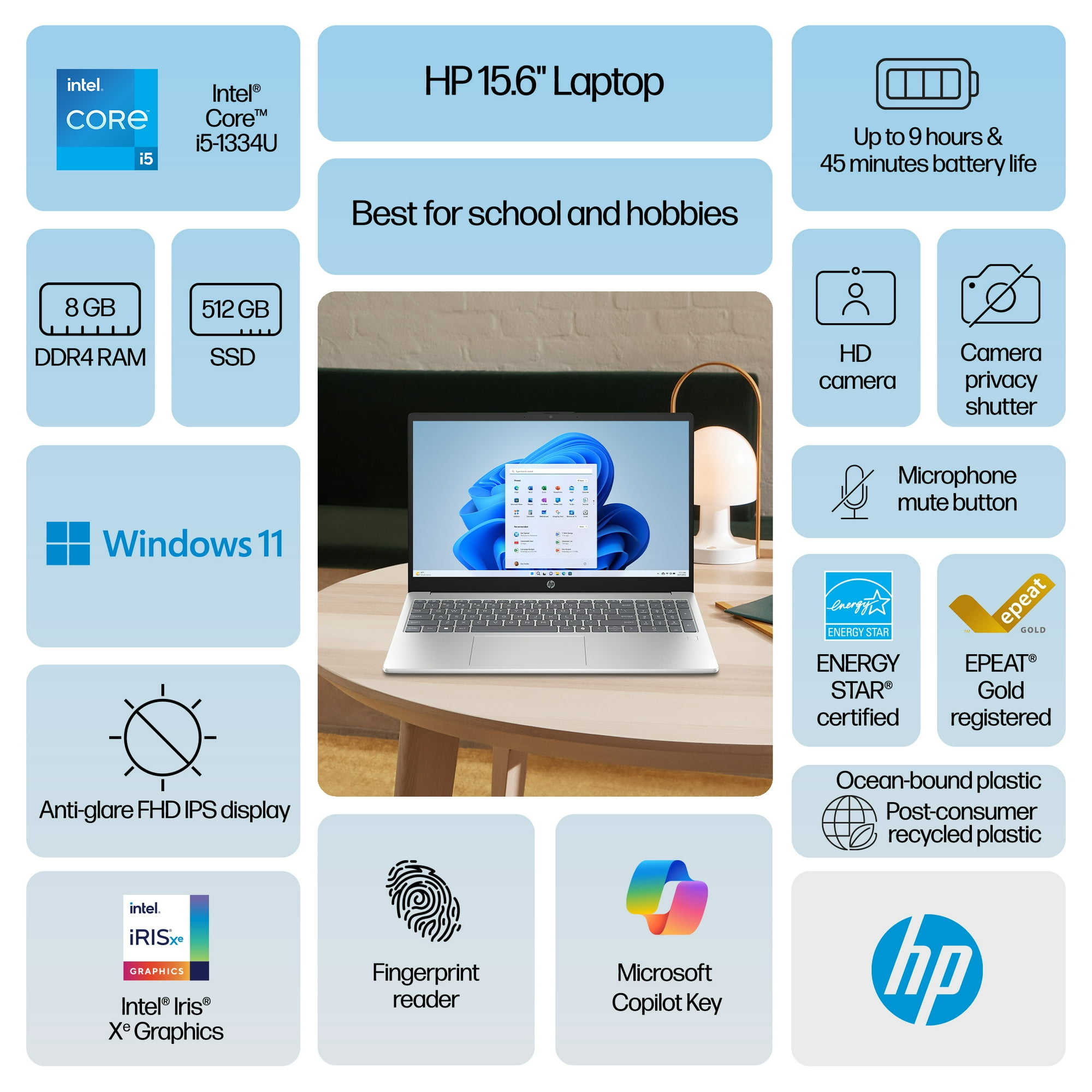HP 15.6 inch FHD IPS Windows Laptop Intel Core i5-1334U 8GB RAM 512GB PCIe NVMe SSD Natural Silver image 2