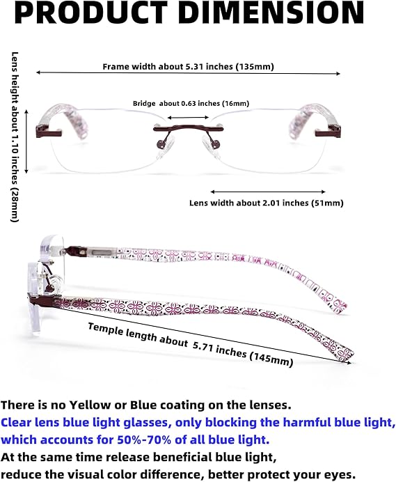 HIGHLIKE Rimless Reading Glasses, Spring Hinge Readers, Diamond Cut Edge Design Blue Light Glasses image 6