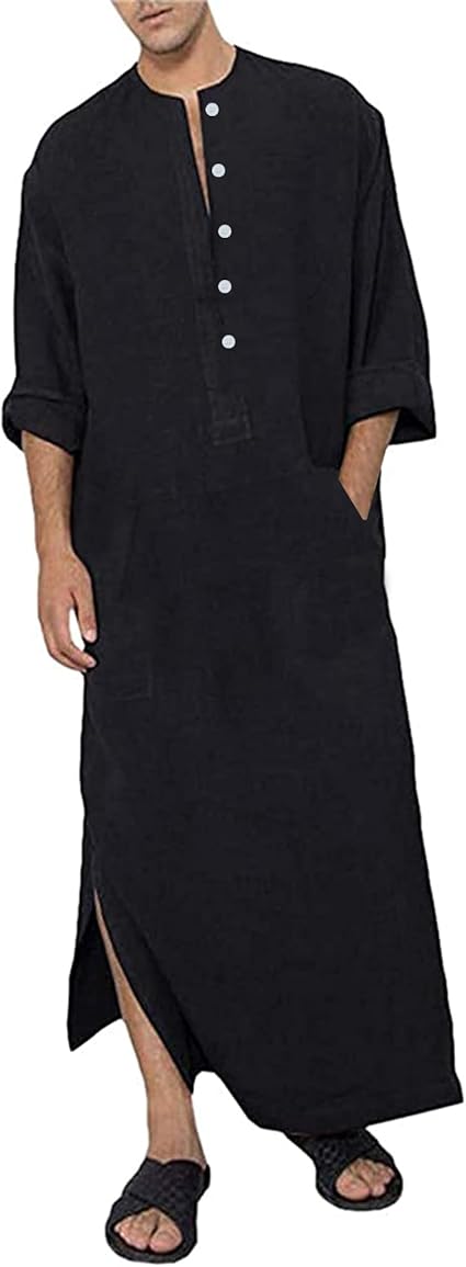 YAOHUOLE Kaftan Long Sleeve Button Up with Pockets Robe for Man Cotton and Linen Muslim Side Split Long Thobe image 1