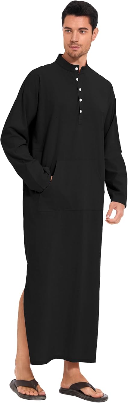 YAOHUOLE Kaftan Long Sleeve Button Up with Pockets Robe for Man Cotton and Linen Muslim Side Split Long Thobe image 2