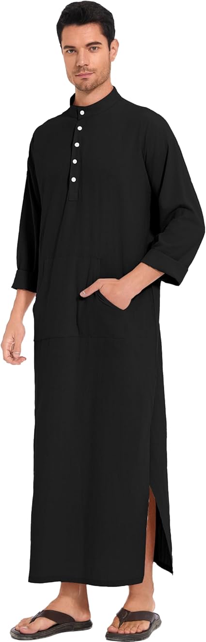 YAOHUOLE Kaftan Long Sleeve Button Up with Pockets Robe for Man Cotton and Linen Muslim Side Split Long Thobe image 3