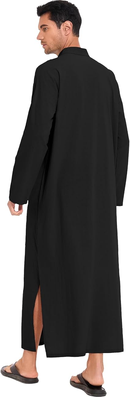 YAOHUOLE Kaftan Long Sleeve Button Up with Pockets Robe for Man Cotton and Linen Muslim Side Split Long Thobe image 4