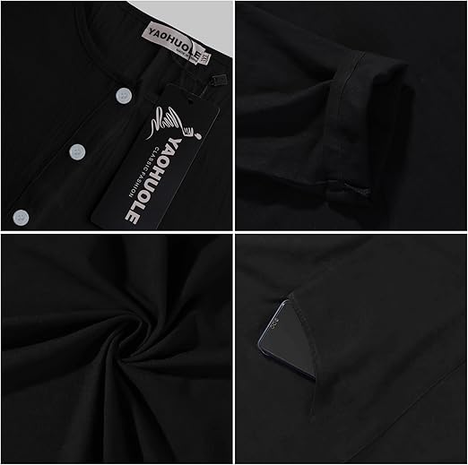 YAOHUOLE Kaftan Long Sleeve Button Up with Pockets Robe for Man Cotton and Linen Muslim Side Split Long Thobe image 5