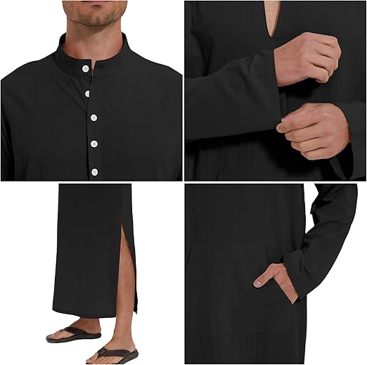 YAOHUOLE Kaftan Long Sleeve Button Up with Pockets Robe for Man Cotton and Linen Muslim Side Split Long Thobe image 6