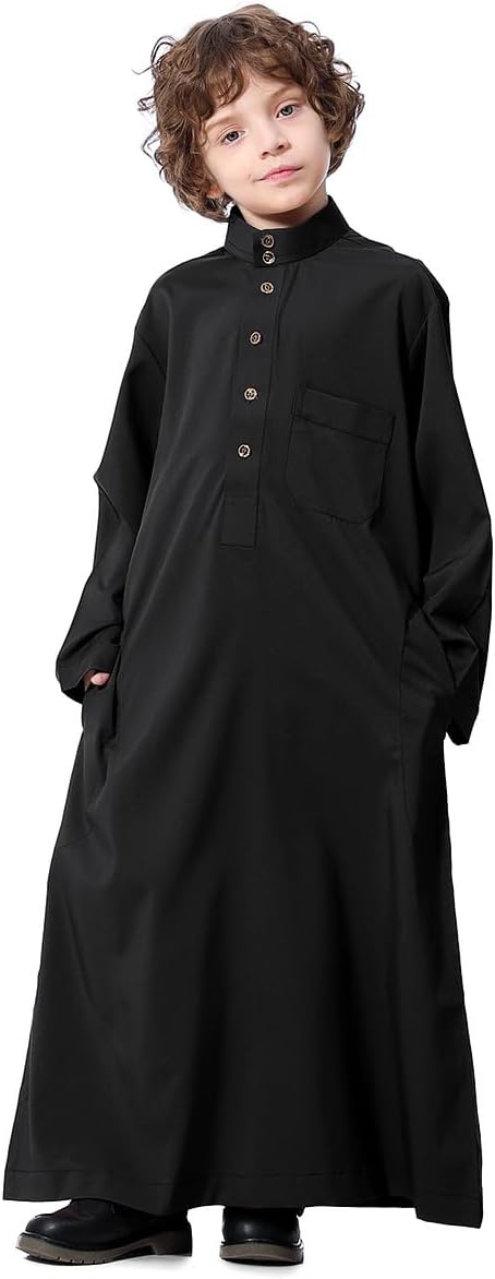 IDOPIP Muslim Thobe for Boys Kids Long Sleeve Islamic Arabic Kaftan Robe Middle East Dubai Prayer Dress Clothes with Pockets image 1