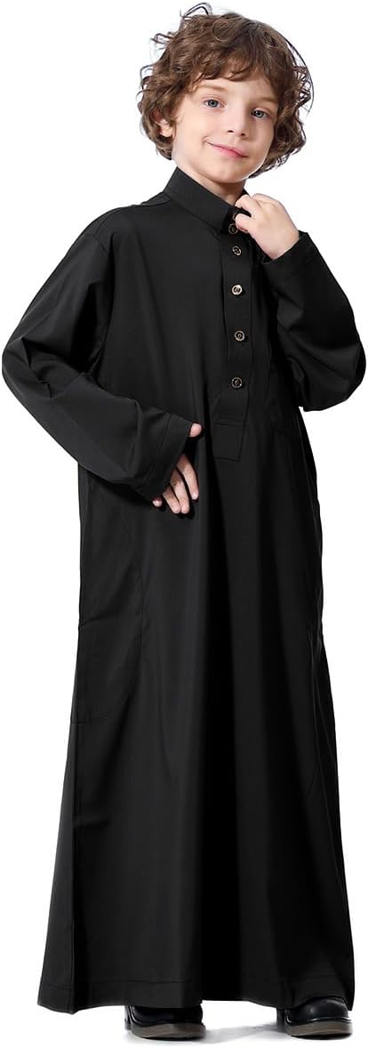 IDOPIP Muslim Thobe for Boys Kids Long Sleeve Islamic Arabic Kaftan Robe Middle East Dubai Prayer Dress Clothes with Pockets image 2