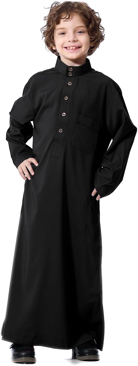 IDOPIP Muslim Thobe for Boys Kids Long Sleeve Islamic Arabic Kaftan Robe Middle East Dubai Prayer Dress Clothes with Pockets image 3