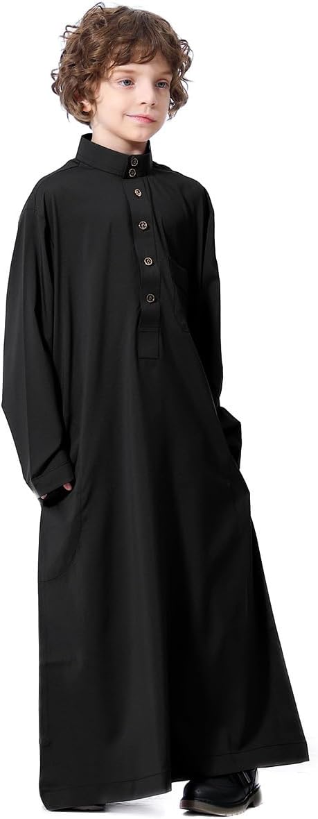 IDOPIP Muslim Thobe for Boys Kids Long Sleeve Islamic Arabic Kaftan Robe Middle East Dubai Prayer Dress Clothes with Pockets image 4