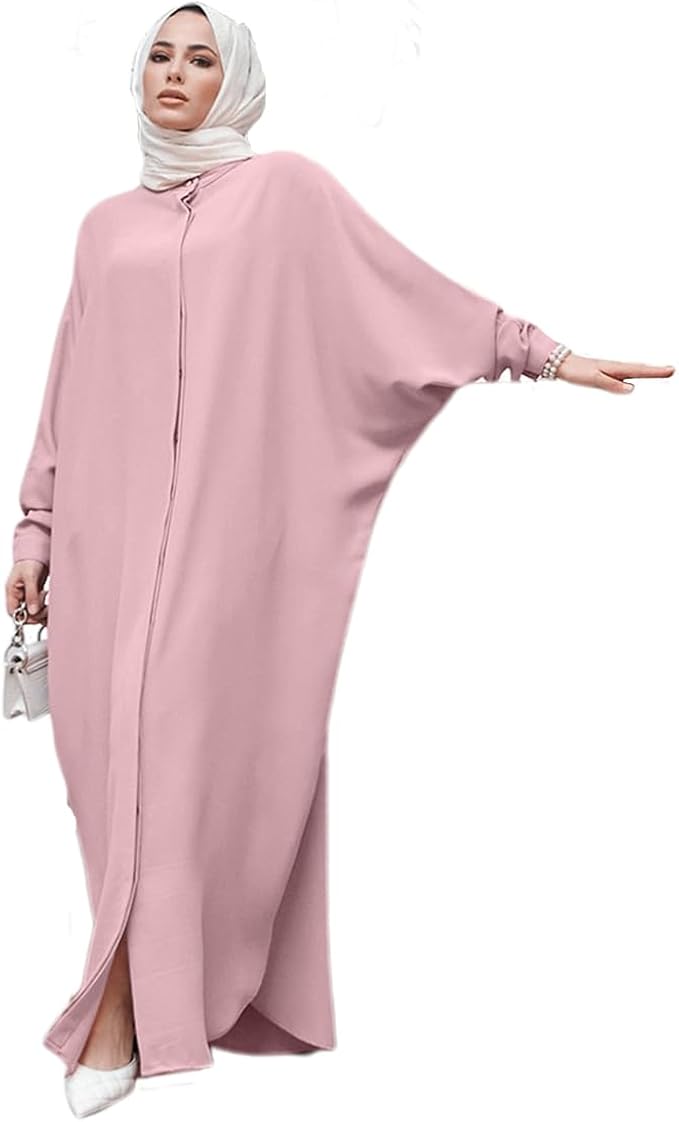 AWIBMK Women Abayas Dubai Kaftan Henley Shirt Prayer Maxi Dress Muslim Batwing Sleeve Ramadan Islamic Clothes image 1