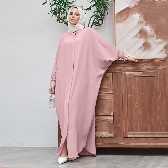 AWIBMK Women Abayas Dubai Kaftan Henley Shirt Prayer Maxi Dress Muslim Batwing Sleeve Ramadan Islamic Clothes image 2