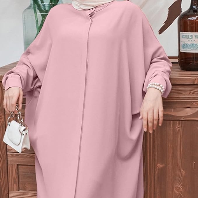 AWIBMK Women Abayas Dubai Kaftan Henley Shirt Prayer Maxi Dress Muslim Batwing Sleeve Ramadan Islamic Clothes image 3