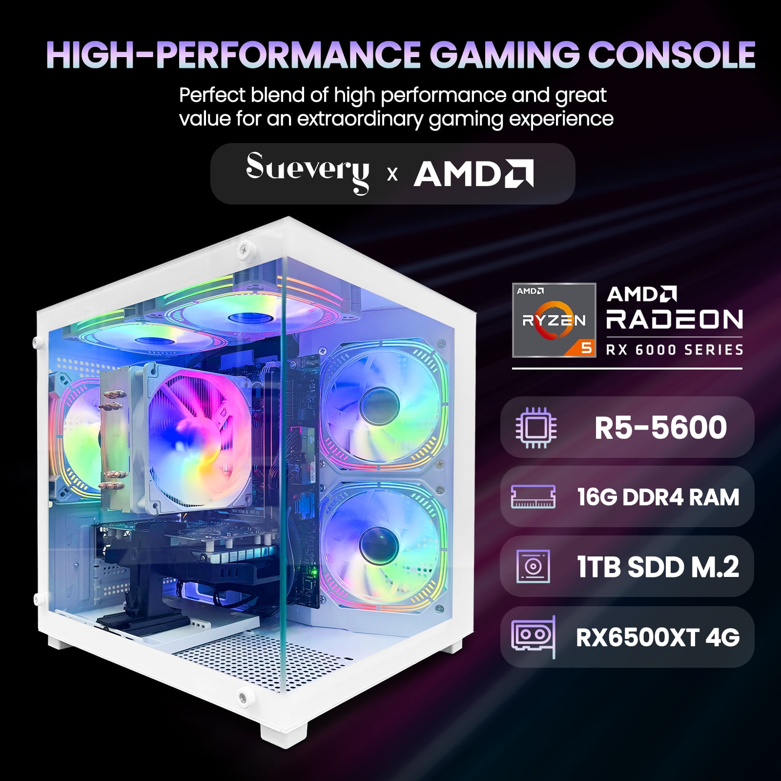 Suevery AMD Ryzen 5 5600 + Radeon RX 6500 Gaming PC with B450 Motherboard, 16GB DDR4 3200MHz, 1TB NVMe SSD, WiFi 6, 400W PSU, and RGB Lighting image 3