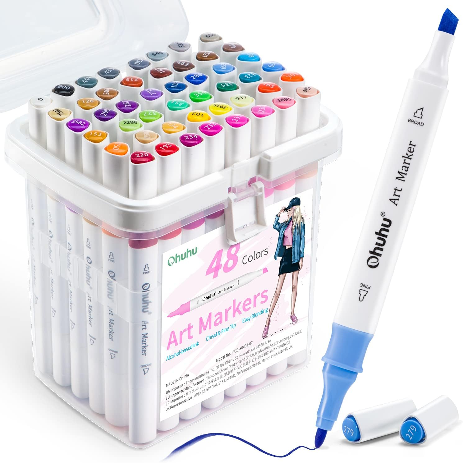 Ohuhu Markers, 48-color Double Tipped Alcohol Markers, Chisel & Fine Alcohol-based Art Marker Set for Adults Coloring Illustration, Great Value Pack for Students' Art Class, Better Designed Grip image 1