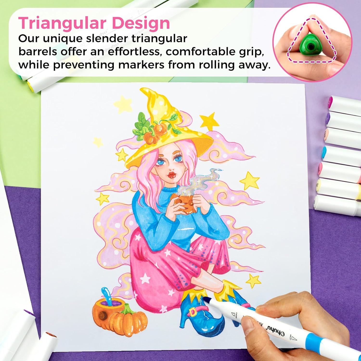 Ohuhu Markers, 48-color Double Tipped Alcohol Markers, Chisel & Fine Alcohol-based Art Marker Set for Adults Coloring Illustration, Great Value Pack for Students' Art Class, Better Designed Grip image 4