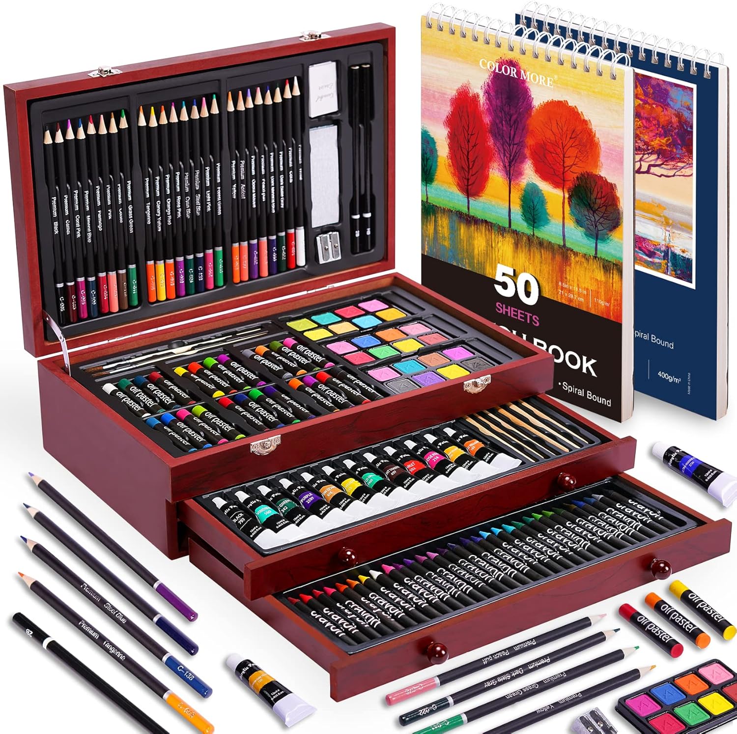 175 Piece Deluxe Art Set with 2 Drawing Pads, Acrylic Paints, Crayons, Colored Pencils, Paint Set in Wooden Case, Professional Art Kit, Art Supplies for Adults, Teens and Artist, WoodMuse Plus image 1