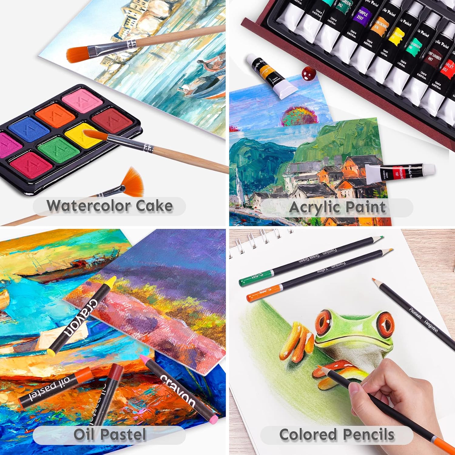 175 Piece Deluxe Art Set with 2 Drawing Pads, Acrylic Paints, Crayons, Colored Pencils, Paint Set in Wooden Case, Professional Art Kit, Art Supplies for Adults, Teens and Artist, WoodMuse Plus image 3