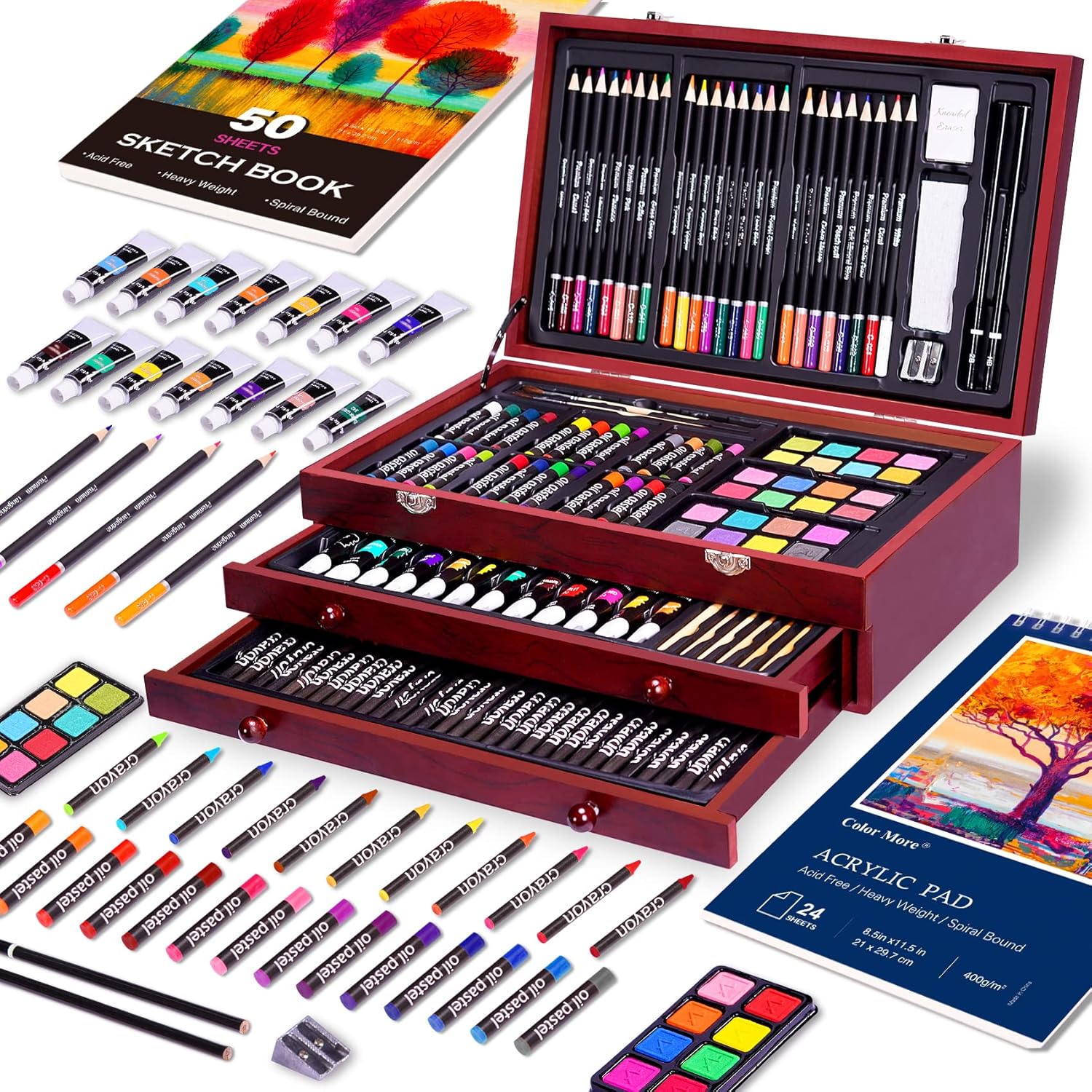 175 Piece Deluxe Art Set with 2 Drawing Pads, Acrylic Paints, Crayons, Colored Pencils, Paint Set in Wooden Case, Professional Art Kit, Art Supplies for Adults, Teens and Artist, WoodMuse Plus image 4