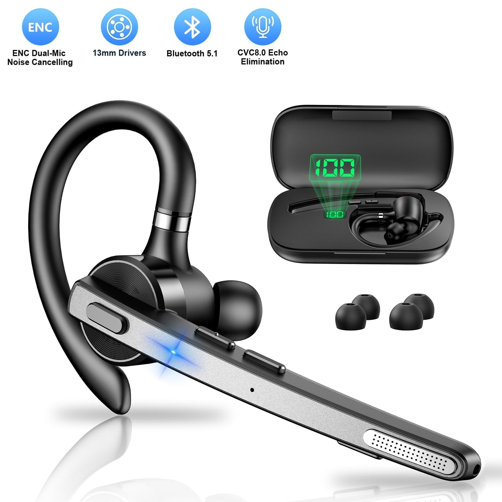 New Bee Bluetooth Headphones,V5.1 Wireless Bluetooth Earpiece, 72H Talk Time, 500mAh Charging Case, ENC Dual Mic, Dual Device Connect, Ear Hook Design, USB-C/Wireless Charging, for Work/Driving/Calls image 1