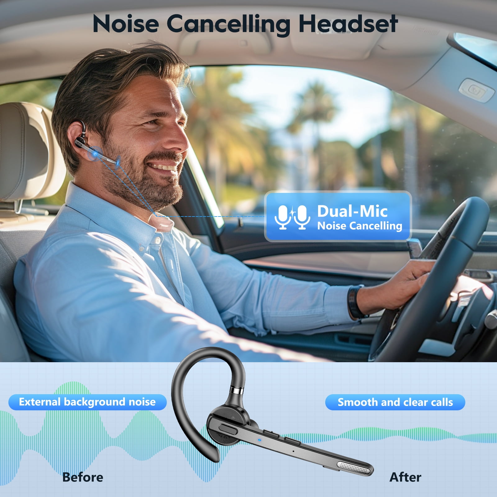 New Bee Bluetooth Headphones,V5.1 Wireless Bluetooth Earpiece, 72H Talk Time, 500mAh Charging Case, ENC Dual Mic, Dual Device Connect, Ear Hook Design, USB-C/Wireless Charging, for Work/Driving/Calls image 2