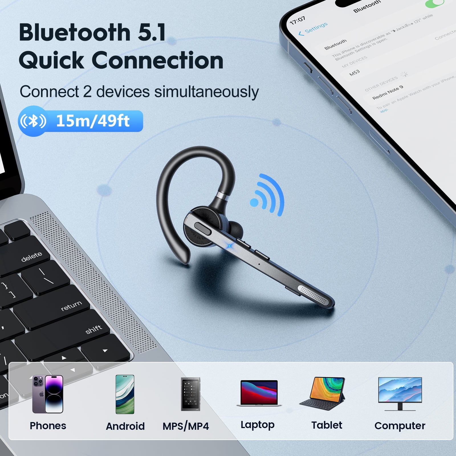New Bee Bluetooth Headphones,V5.1 Wireless Bluetooth Earpiece, 72H Talk Time, 500mAh Charging Case, ENC Dual Mic, Dual Device Connect, Ear Hook Design, USB-C/Wireless Charging, for Work/Driving/Calls image 4