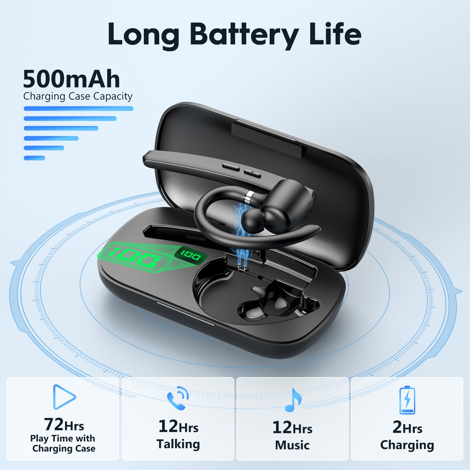 New Bee Bluetooth Headphones,V5.1 Wireless Bluetooth Earpiece, 72H Talk Time, 500mAh Charging Case, ENC Dual Mic, Dual Device Connect, Ear Hook Design, USB-C/Wireless Charging, for Work/Driving/Calls image 5