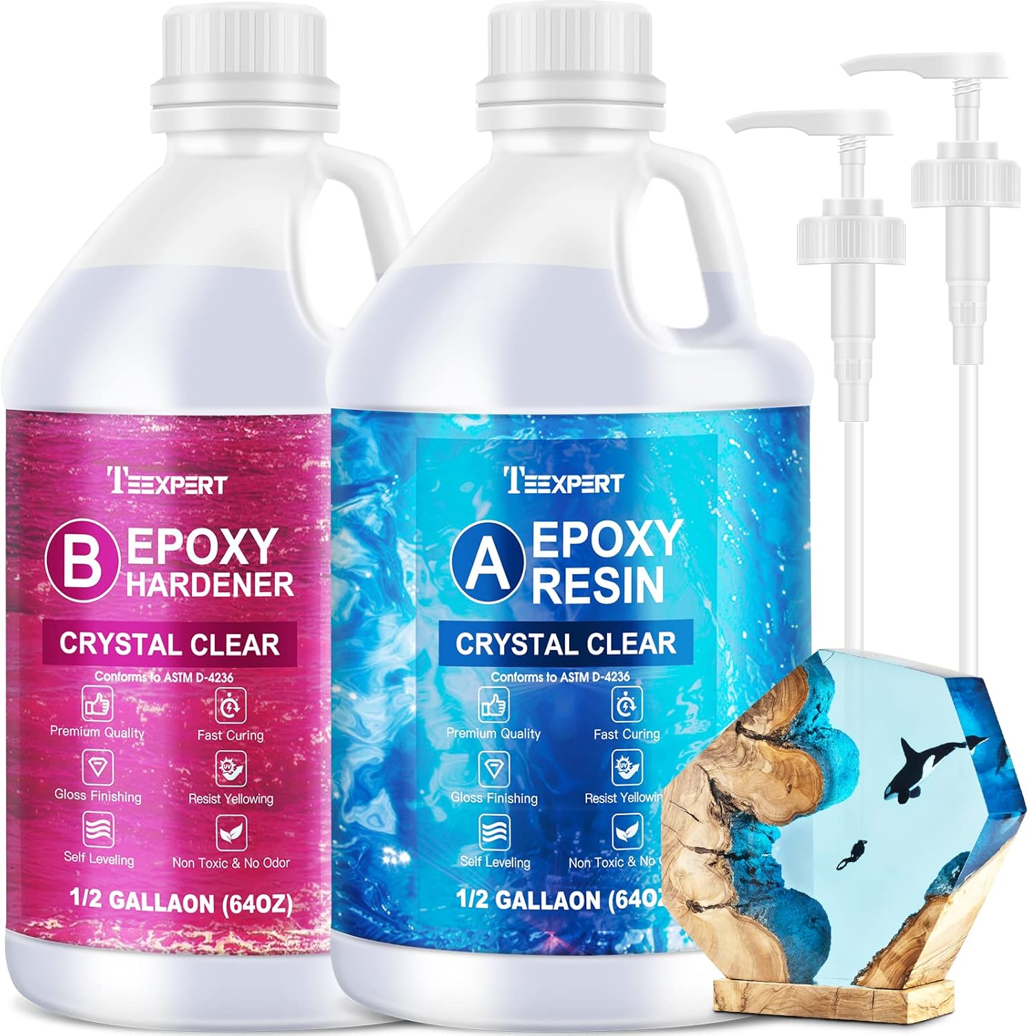 Teexpert Crystal Clear Epoxy Resin Kit 1 Gallon Self-Leveling Coating and Casting Resin, High-Gloss & Bubbles Free Resin and Hardener Kit for DIY Art, Jewelry, Table Top, Molds, Wood 1:1 Ratio image 1